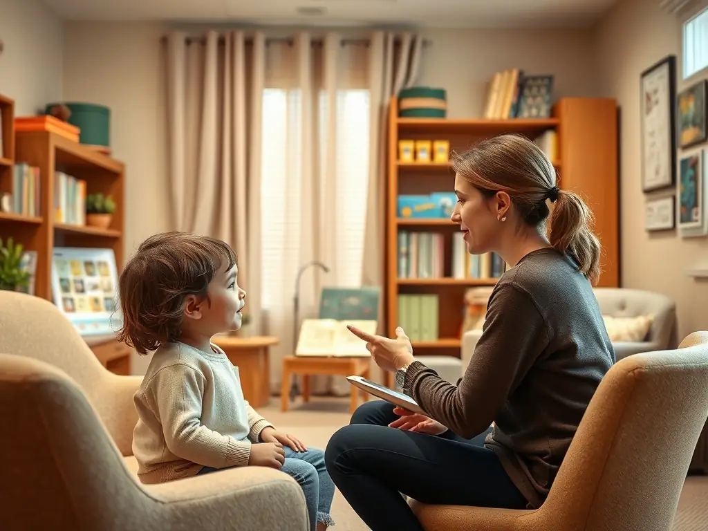 A friendly speech therapist helping a patient with communication exercises, focusing on clear and effective interaction.