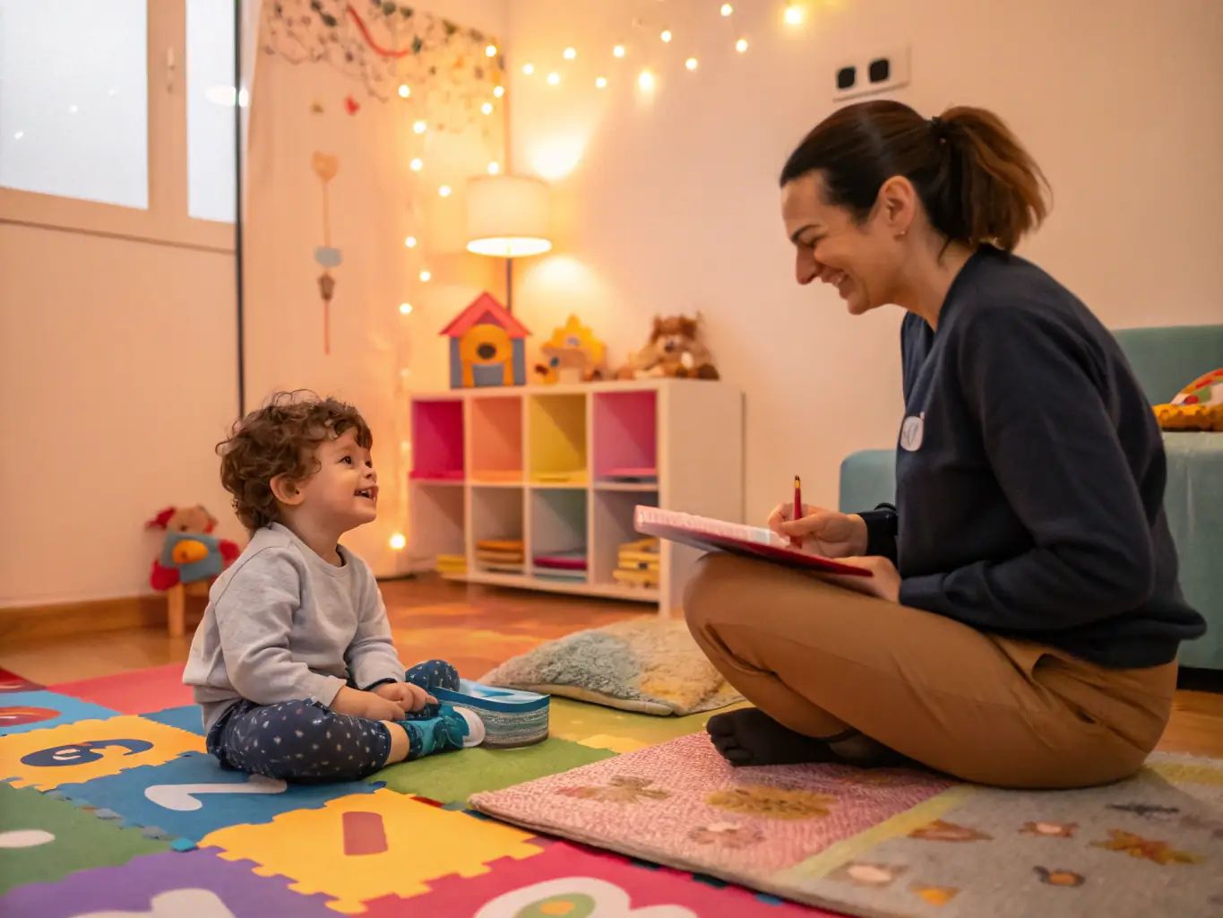 A bright, friendly image of a child engaging in speech therapy activities, smiling and interacting with a therapist in a warm, welcoming environment.
